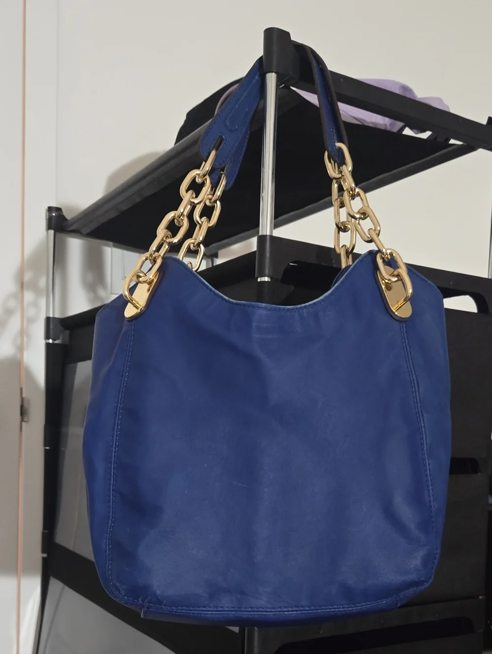 Michael Kors Bag Royal Blue Leather Shoulder Tote with Gold Chain Handles